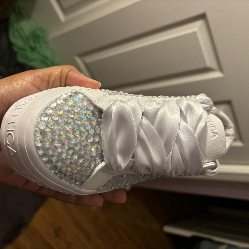All white blinged out sneakers
